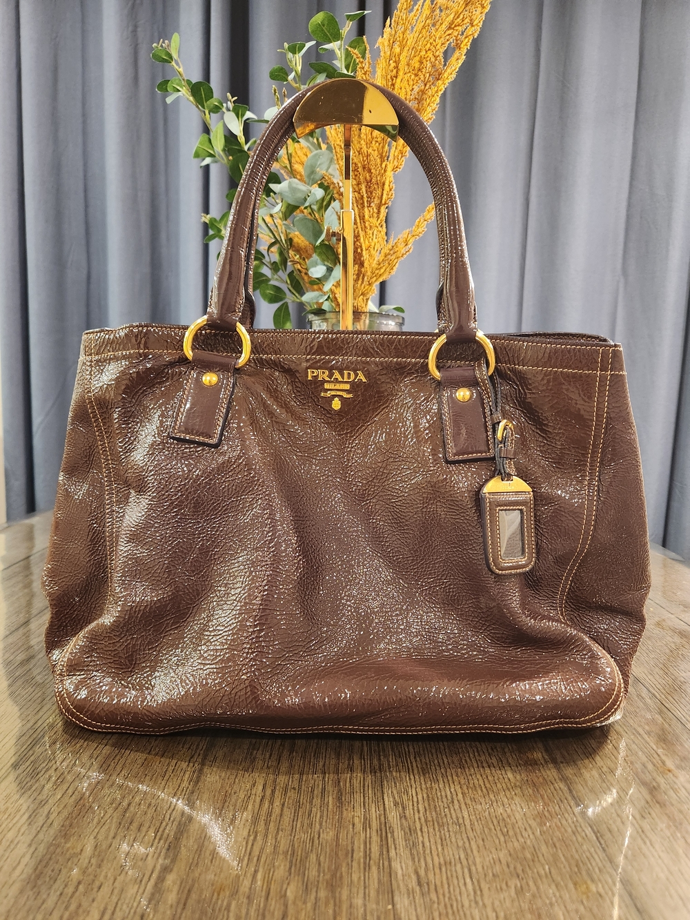 PRADA Brown patent Tote Bag - Classic Everyday Carry with strap